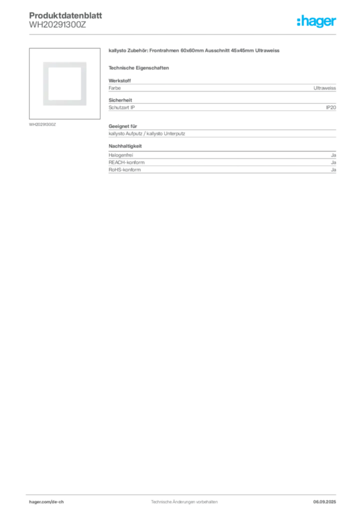 Bild Hager Produktdatenblatt WH20291300Z | Hager Schweiz