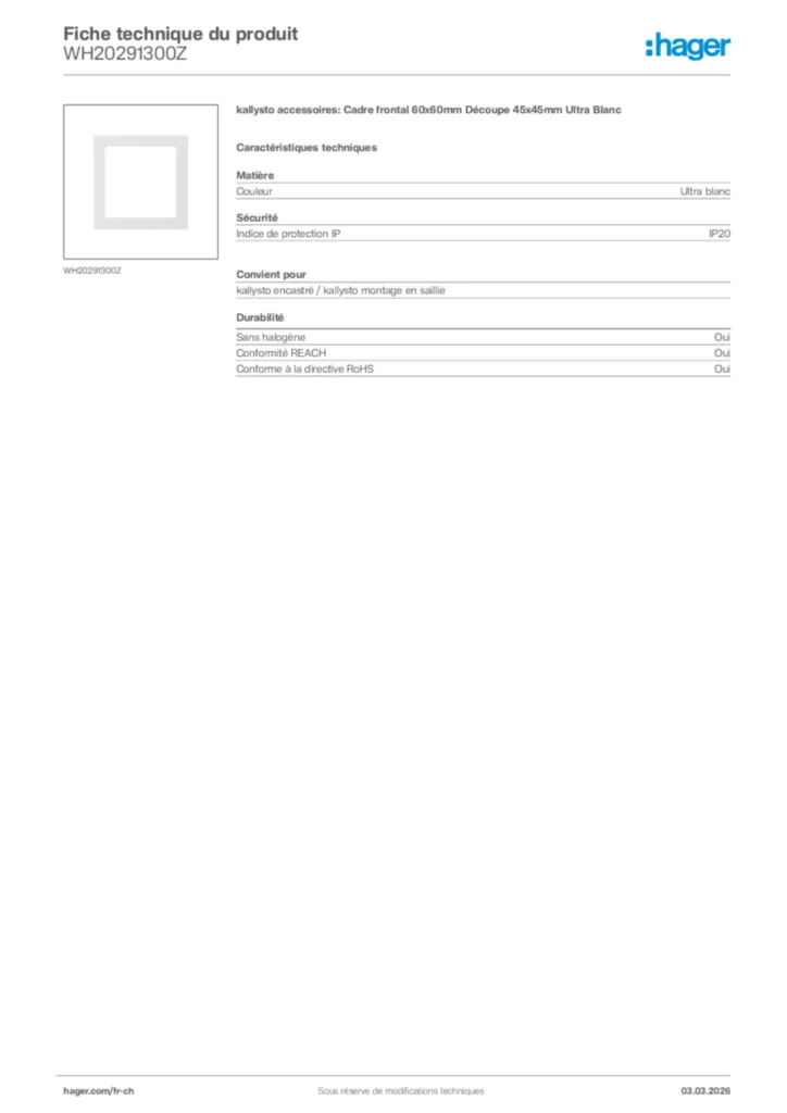 Image Hager Fiche technique du produit WH20291300Z | Hager Suisse