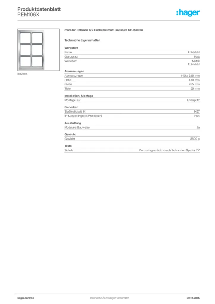 Hager Produktdatenblatt REM106X