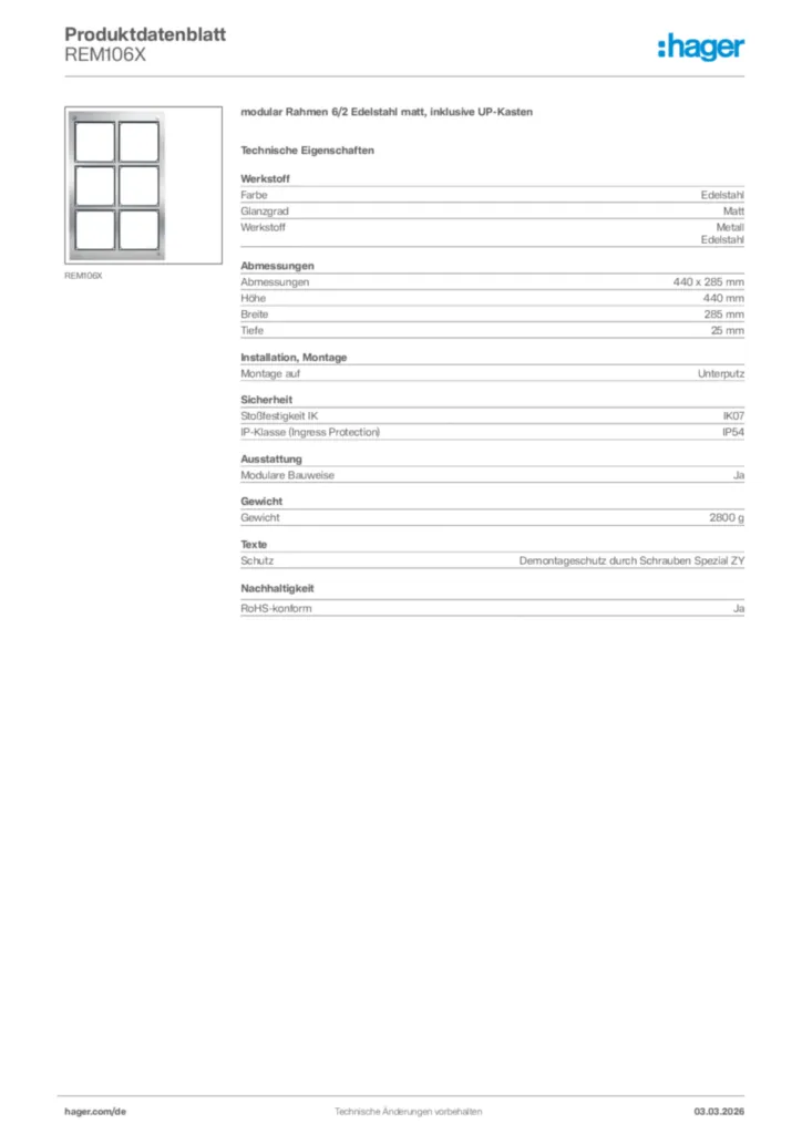 Bild Hager Produktdatenblatt REM106X | Hager Deutschland