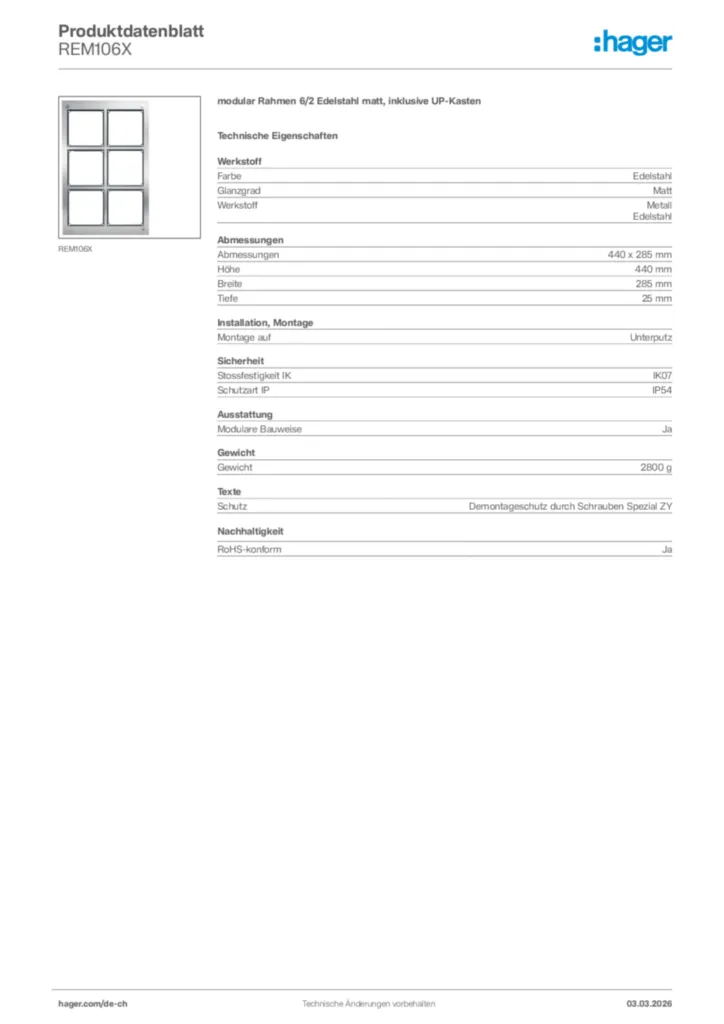 Bild Hager Produktdatenblatt REM106X | Hager Schweiz