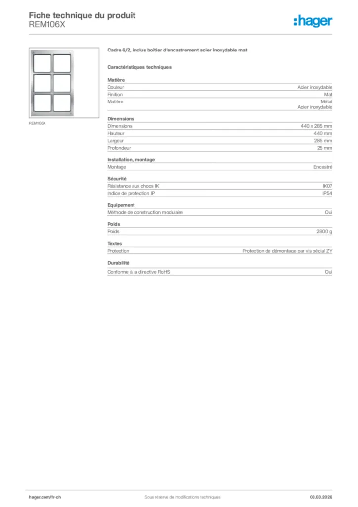 Image Hager Fiche technique du produit REM106X | Hager Suisse