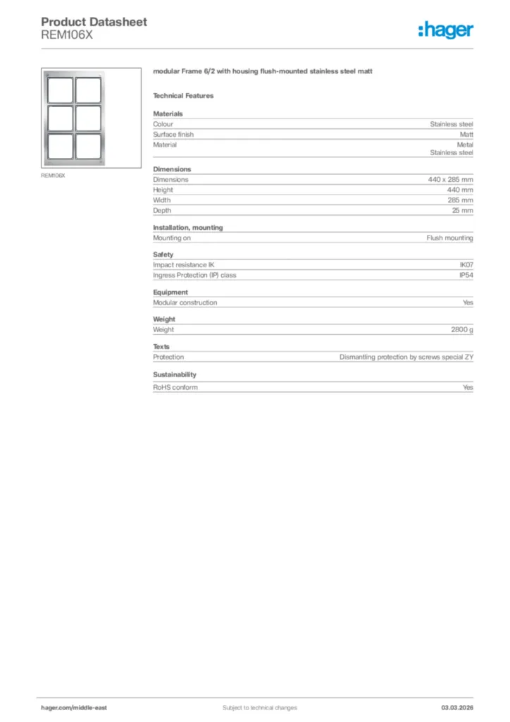Image Hager Product data sheet REM106X  | Hager