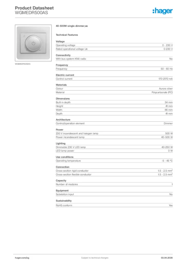 Image Hager Product data sheet WGMEDR500AS  | Hager