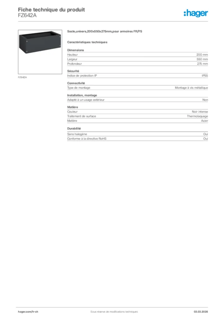 Image Hager Fiche technique du produit FZ642A | Hager Suisse