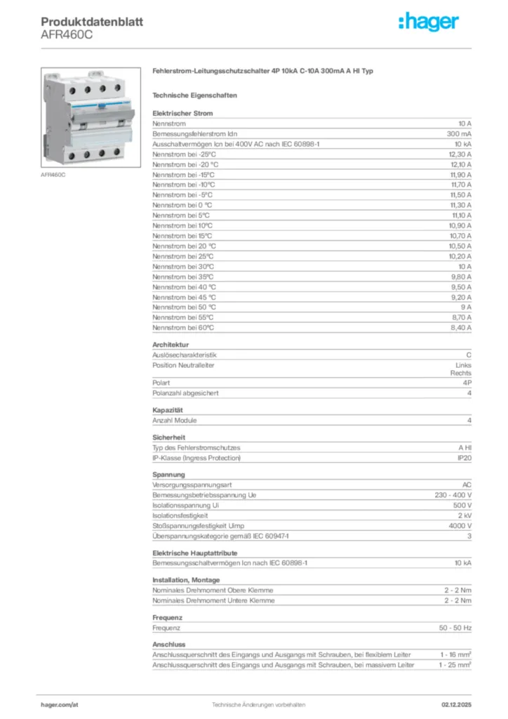 Bild Hager Produktdatenblatt AFR460C | Hager Deutschland