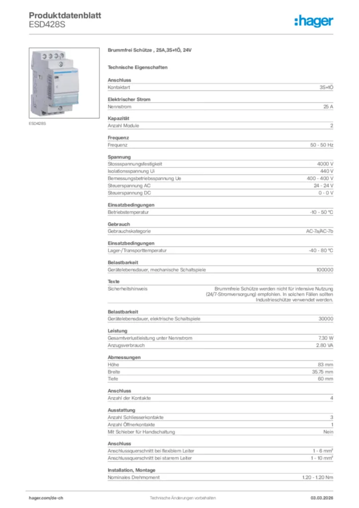 Bild Hager Produktdatenblatt ESD428S | Hager Schweiz