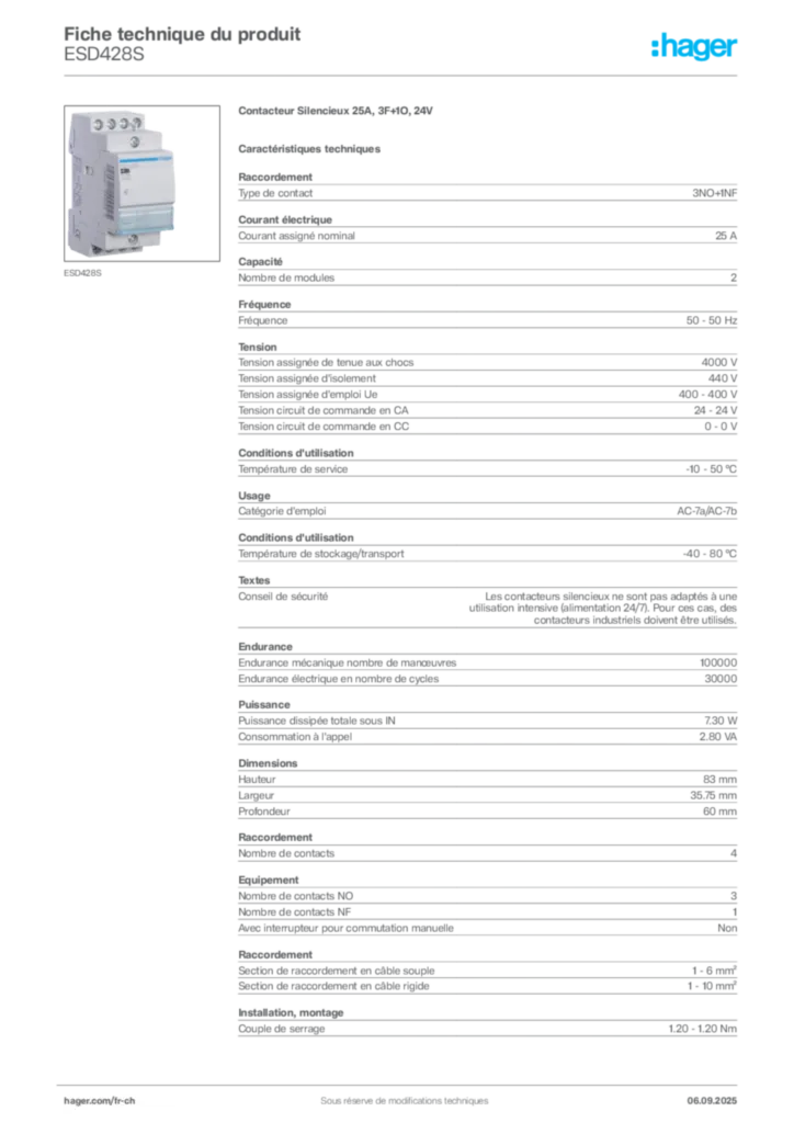 Image Hager Fiche technique du produit ESD428S | Hager Suisse