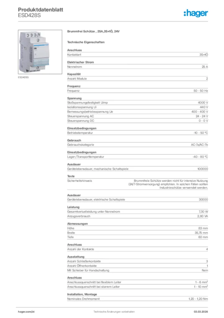 Bild Hager Produktdatenblatt ESD428S | Hager Deutschland