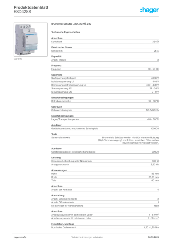 Bild Hager Produktdatenblatt ESD428S | Hager Deutschland