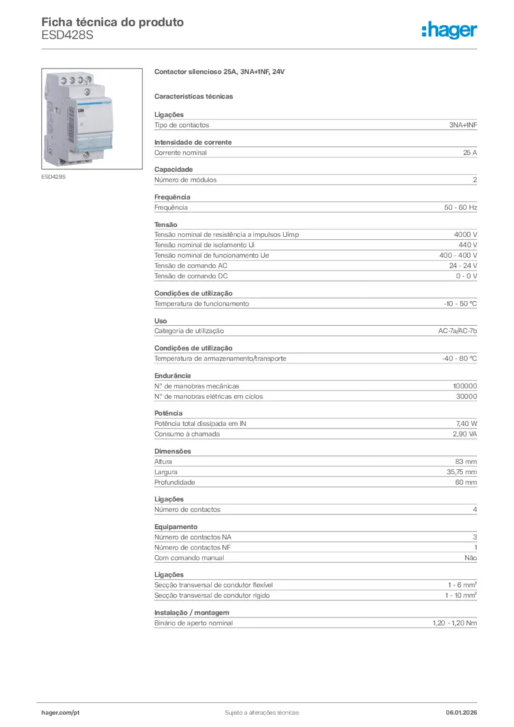 Imagem Hager Ficha técnica do produto ESD428S | Hager Portugal