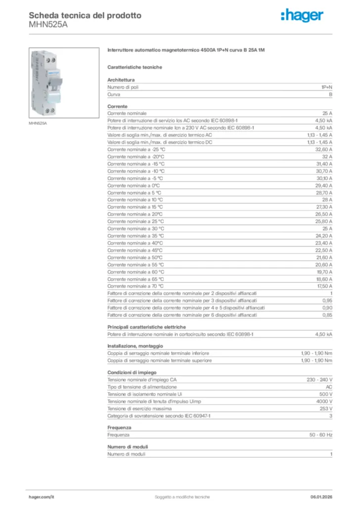 Immagine Hager Scheda tecnica del prodotto MHN525A | Hager Italia