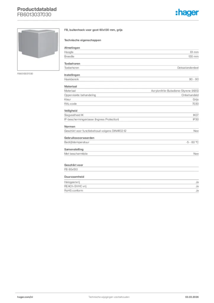 Afbeelding Hager Productdatablad FB6013037030 | Hager Nederland