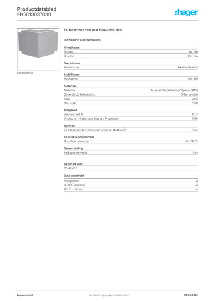 Afbeelding Hager Productdatablad FB6013037030 | Hager Nederland