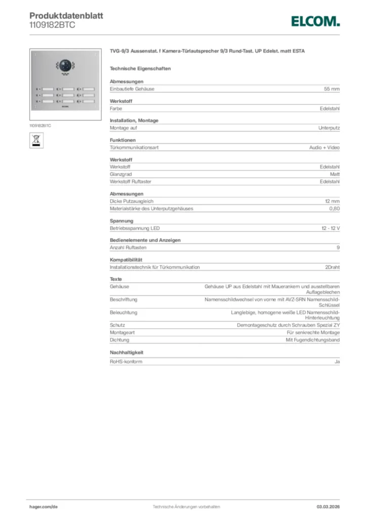 Bild Elcom Produktdatenblatt 1109182BTC | Hager Deutschland