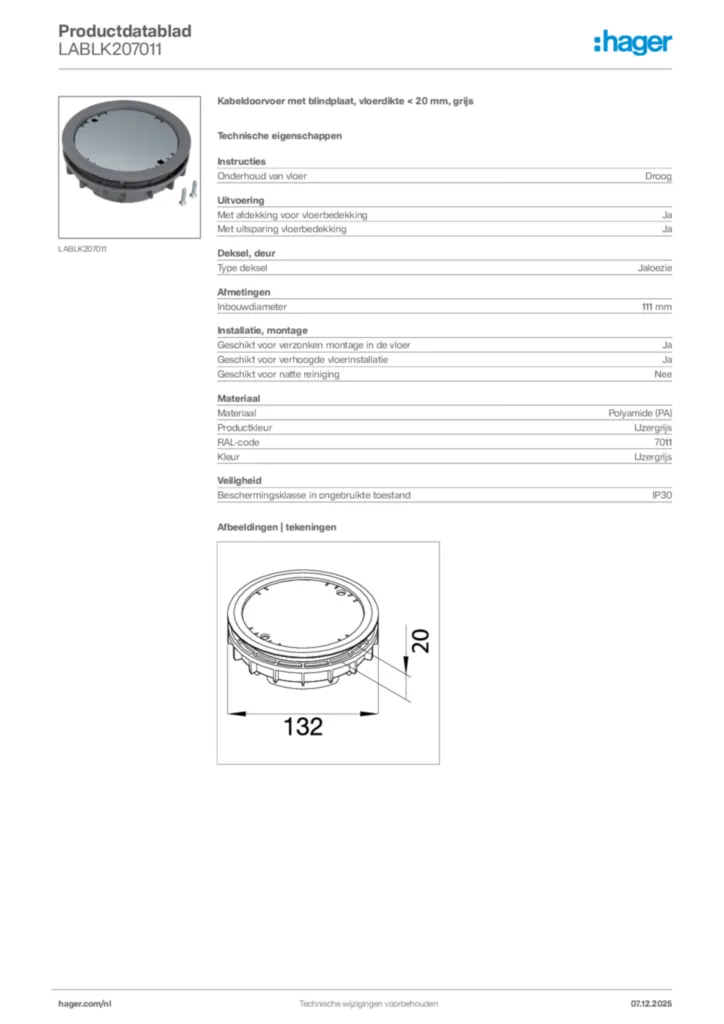 Afbeelding Hager Productdatablad LABLK207011 | Hager Nederland