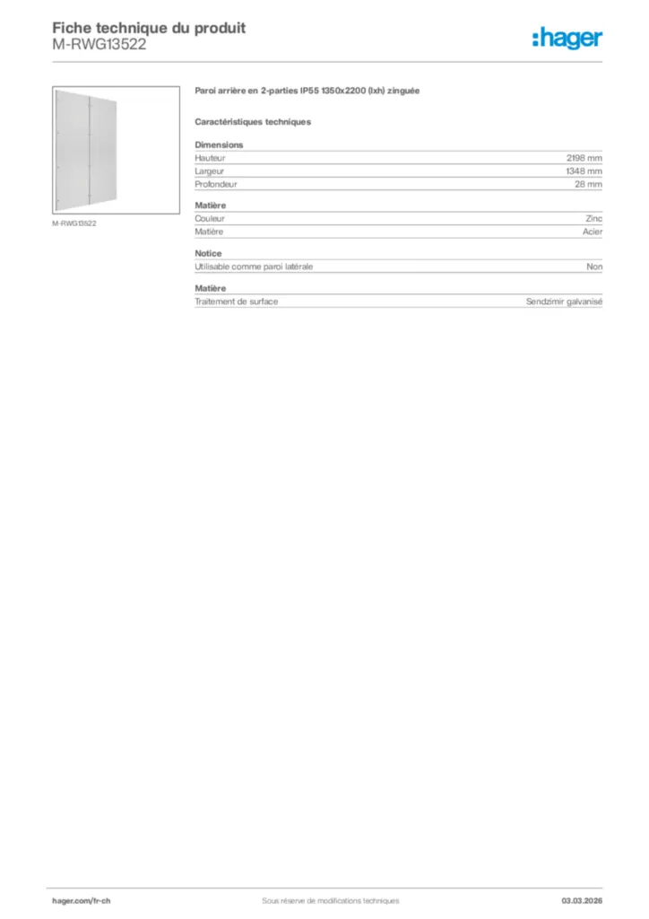Image Hager Fiche technique du produit M-RWG13522 | Hager Suisse
