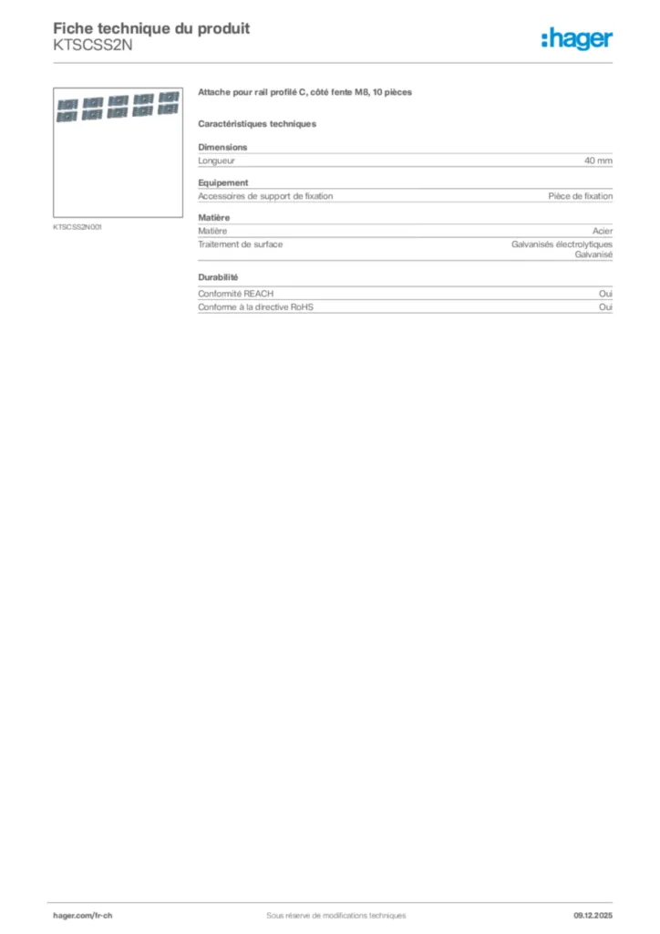 Image Hager Fiche technique du produit KTSCSS2N | Hager Suisse