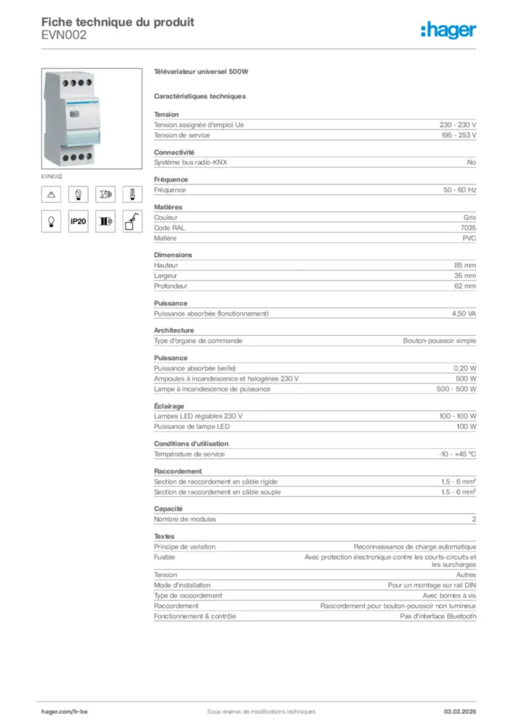 Image Hager Fiche technique du produit EVN002 | Hager Belgique