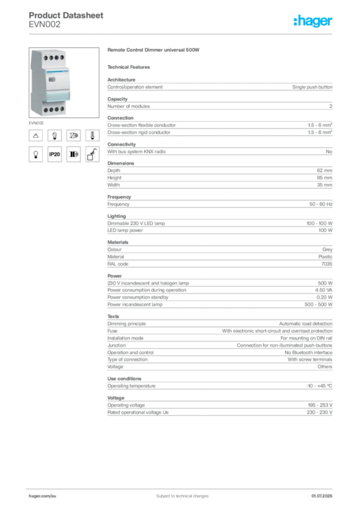 Image Hager Product data sheet EVN002  | Hager Australia