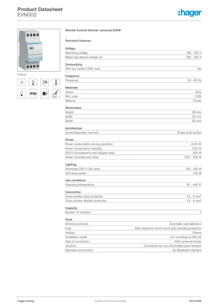 Image Hager Product data sheet EVN002  | Hager