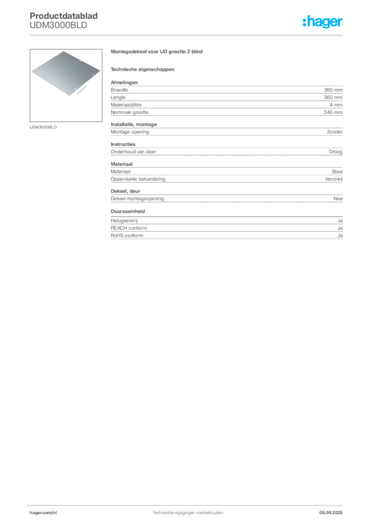 Afbeelding Hager Productdatablad UDM3000BLD | Hager Nederland