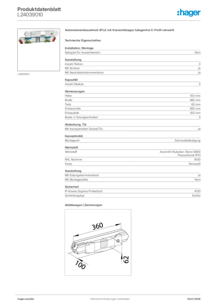 Bild Hager Produktdatenblatt L24039010 | Hager Deutschland