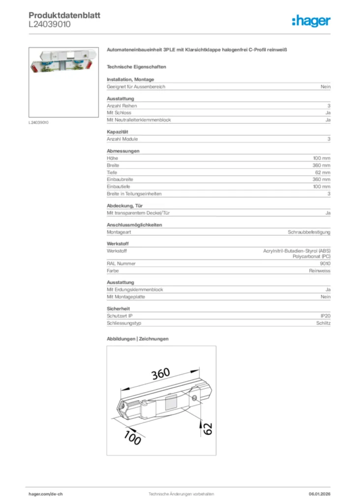 Bild Hager Produktdatenblatt L24039010 | Hager Schweiz