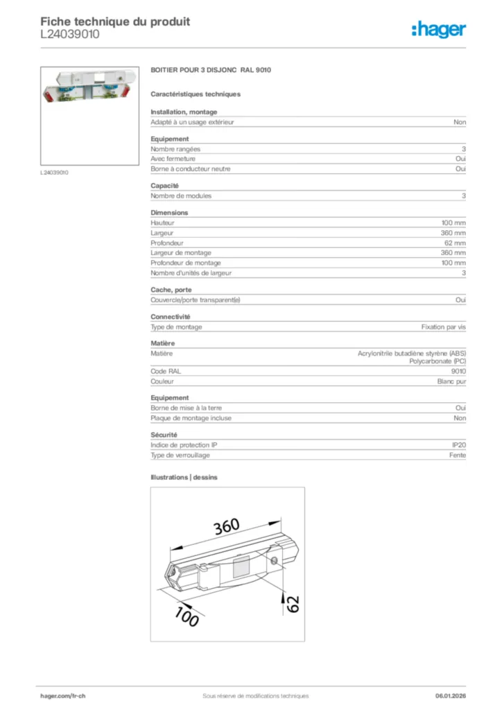 Image Hager Fiche technique du produit L24039010 | Hager Suisse