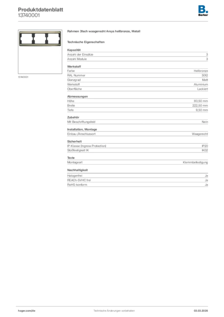 Bild Berker Produktdatenblatt 13740001 | Hager Deutschland