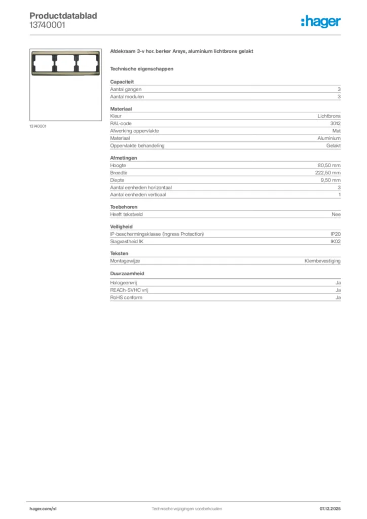 Afbeelding Hager Productdatablad 13740001 | Hager Nederland