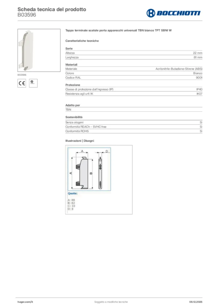 Immagine Bocchiotti Scheda tecnica del prodotto B03596 | Hager Italia