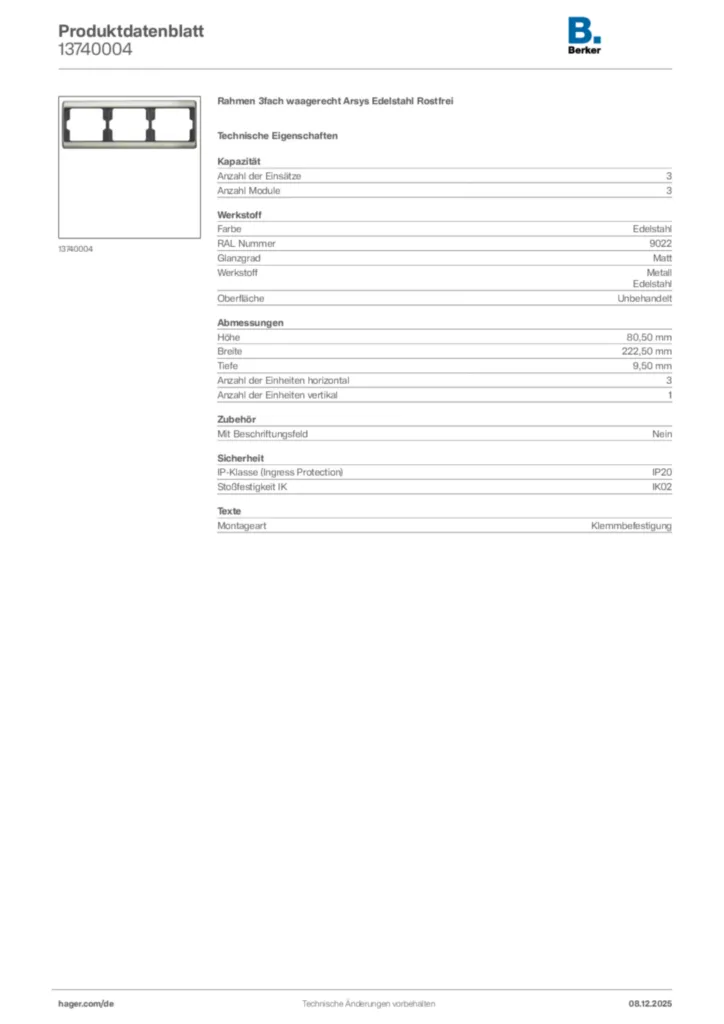 Bild Berker Produktdatenblatt 13740004 | Hager Deutschland