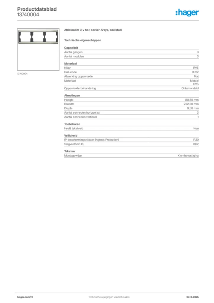 Afbeelding Hager Productdatablad 13740004 | Hager Nederland