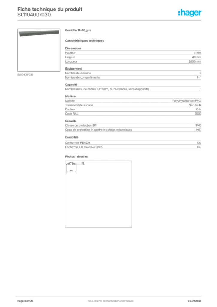 Image Hager Fiche technique du produit SL1104007030 | Hager France