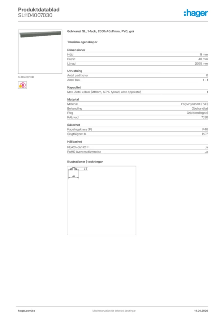 Bild Hager Produktdatablad SL1104007030 | Hager Sverige