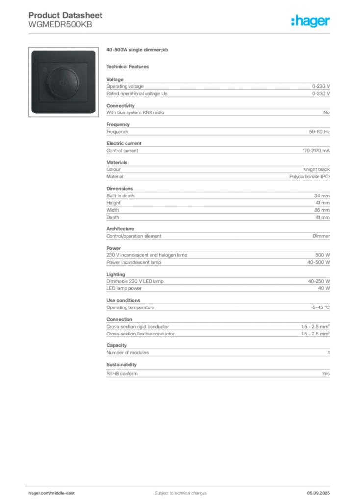 Image Hager Product data sheet WGMEDR500KB  | Hager