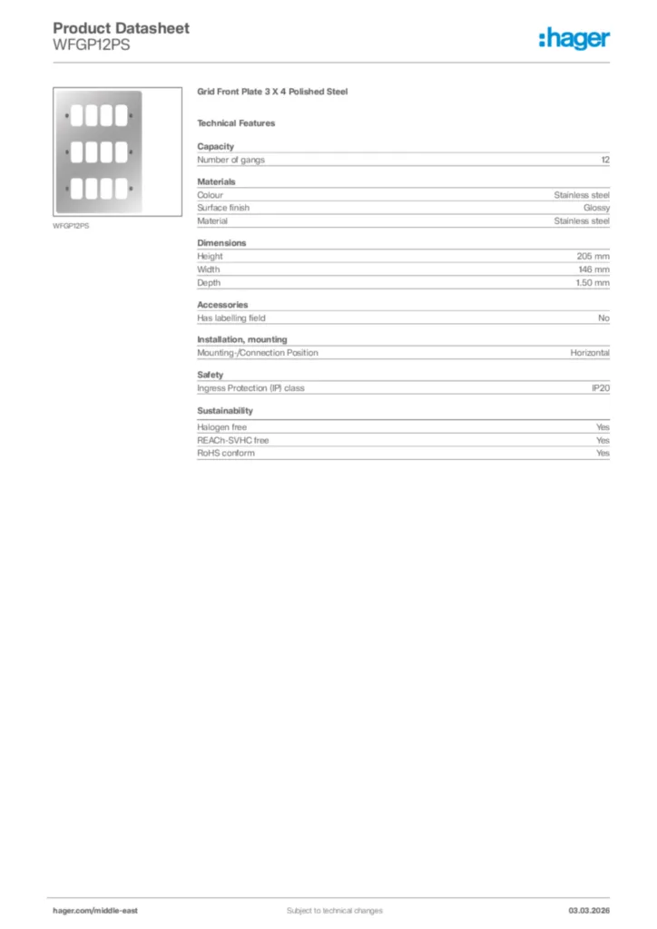 Image Hager Product data sheet WFGP12PS  | Hager