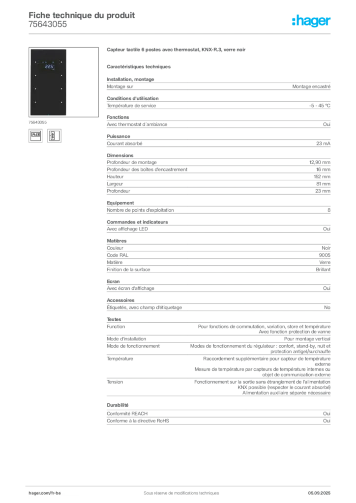 Image Hager Fiche technique du produit 75643055 | Hager Belgique