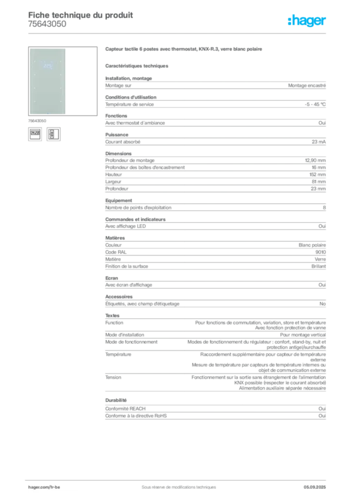 Image Hager Fiche technique du produit 75643050 | Hager Belgique