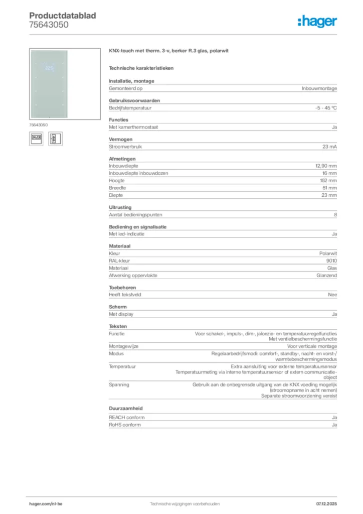 Afbeelding Hager Productdatablad 75643050 | Hager Belgium