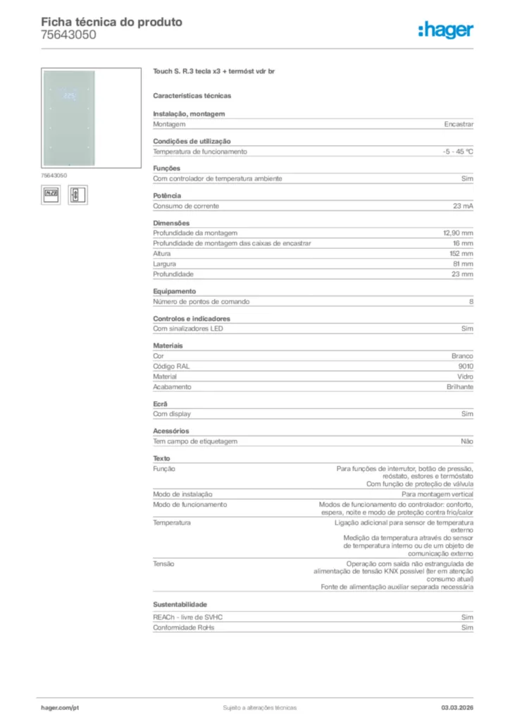 Imagem Hager Ficha técnica do produto 75643050 | Hager Portugal