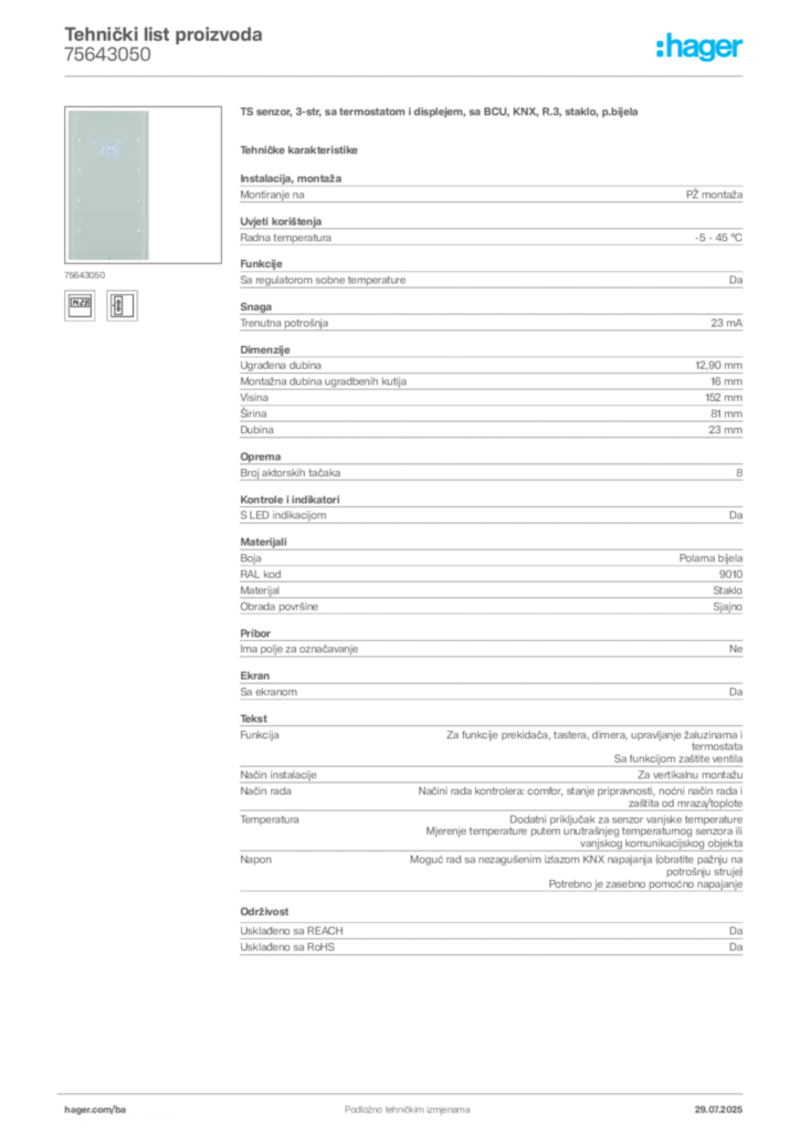 Slika Hager Product data sheet 75643050  | Hager
