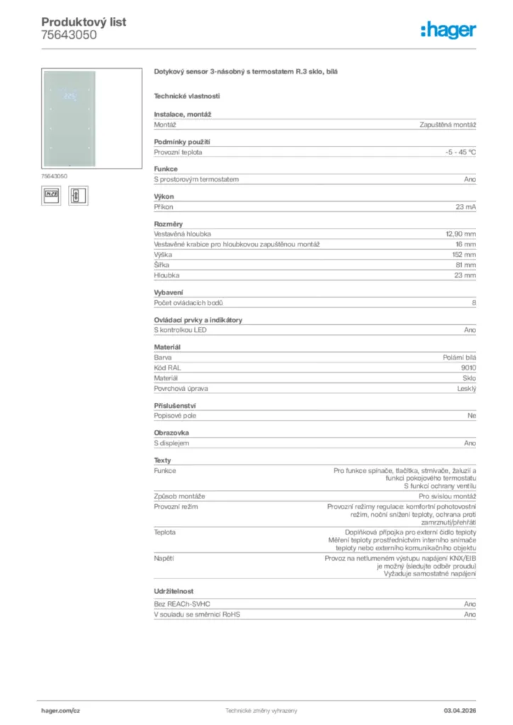 Obrázek Hager Product data sheet 75643050 | Hager