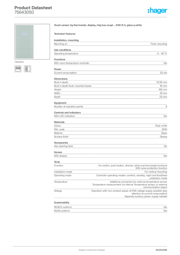 Image Hager Product data sheet 75643050  | Hager