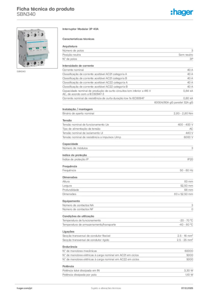 Imagem Hager Ficha técnica do produto SBN340 | Hager Portugal