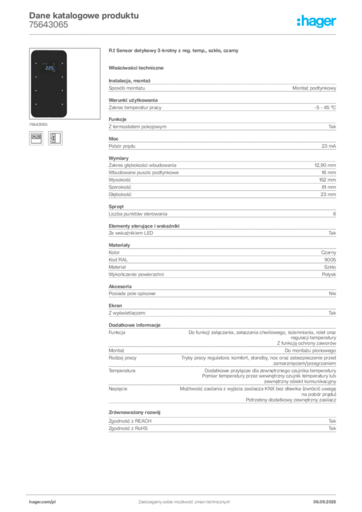 Zdjęcie Hager Dane katalogowe produktu 75643065 | Hager Polska