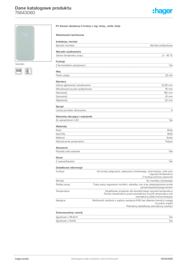 Zdjęcie Hager Dane katalogowe produktu 75643060 | Hager Polska