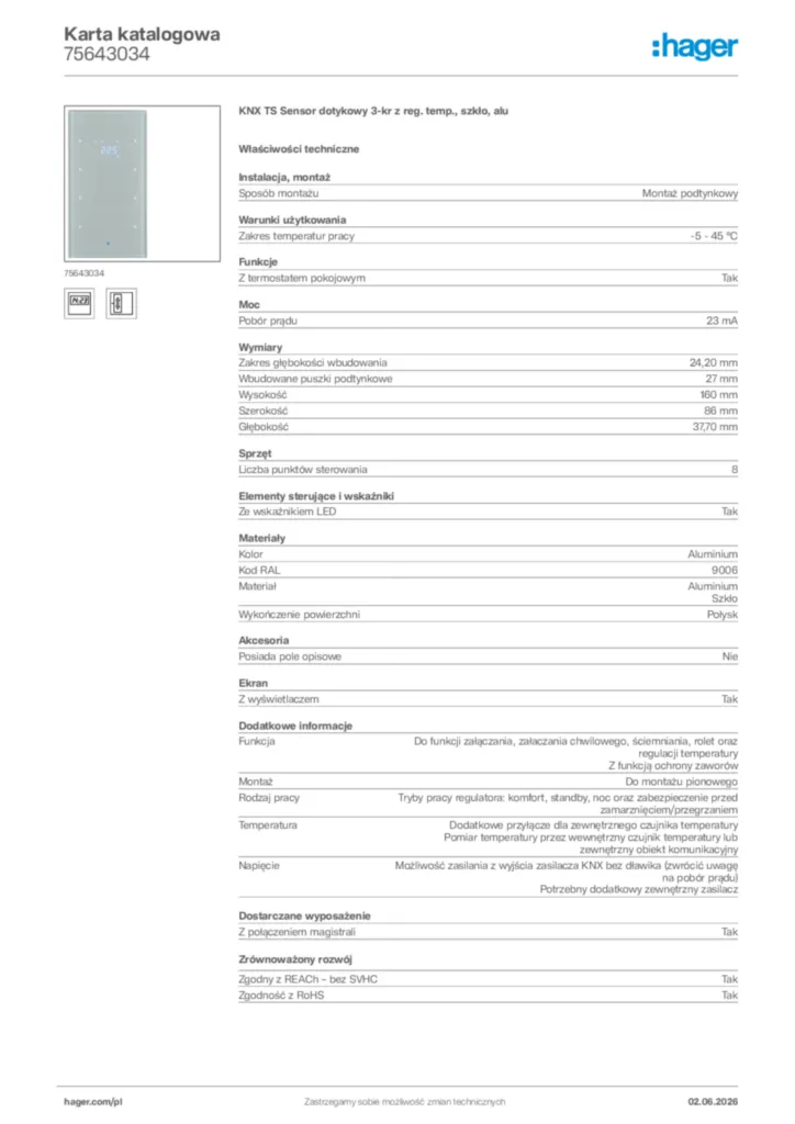 Zdjęcie Hager Karta katalogowa 75643034 | Hager Polska