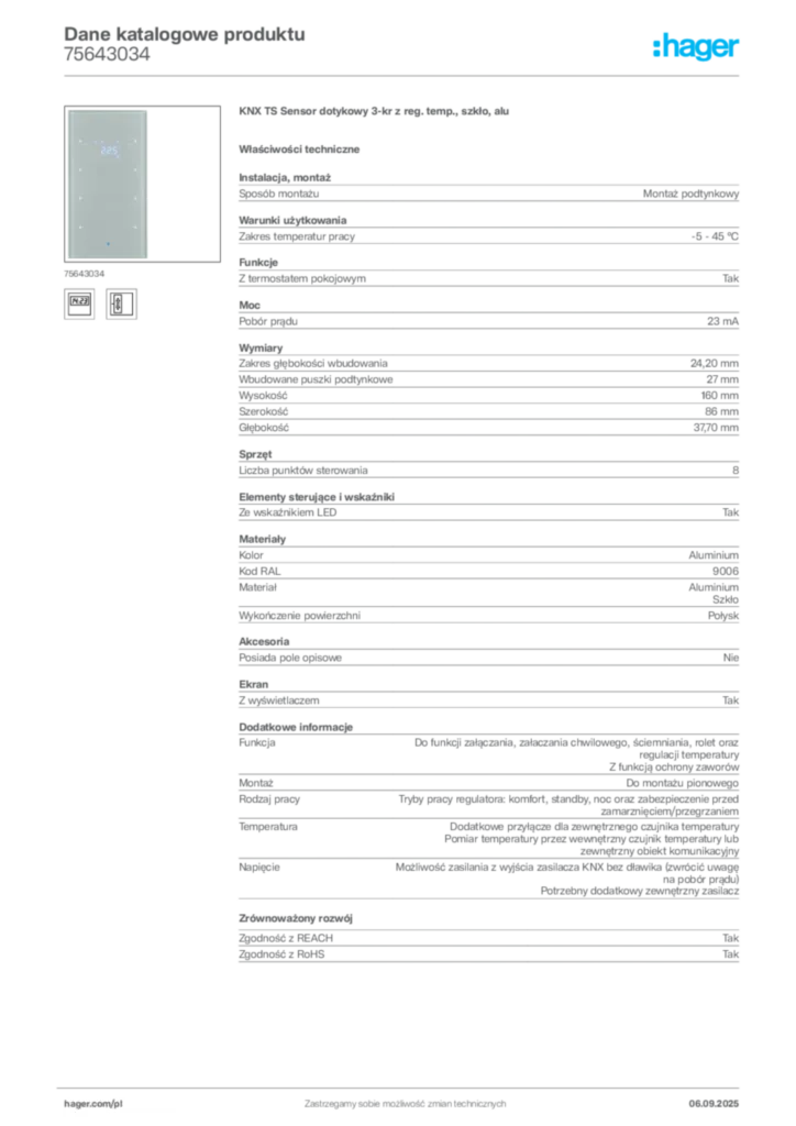 Zdjęcie Hager Dane katalogowe produktu 75643034 | Hager Polska